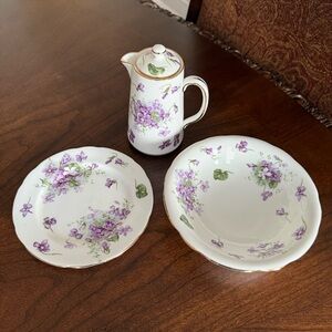 HAMMERSLEY Victorian Violets: Water Jug, Coupe Cereal Bowl, Bread & Butter Plate
